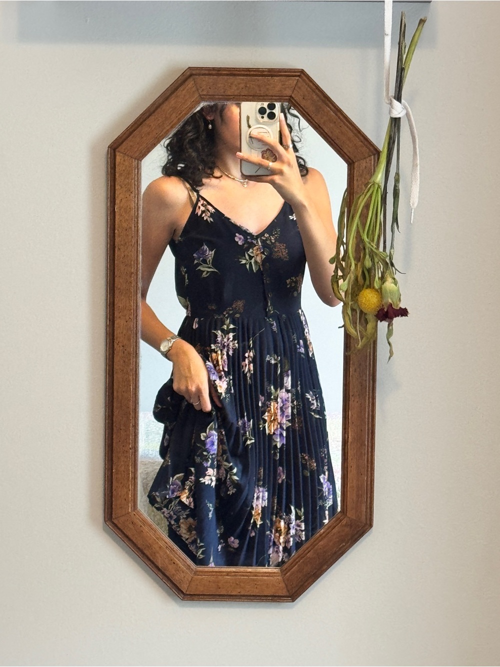 Floral Navy Pleated Spaghetti-Strap Dress